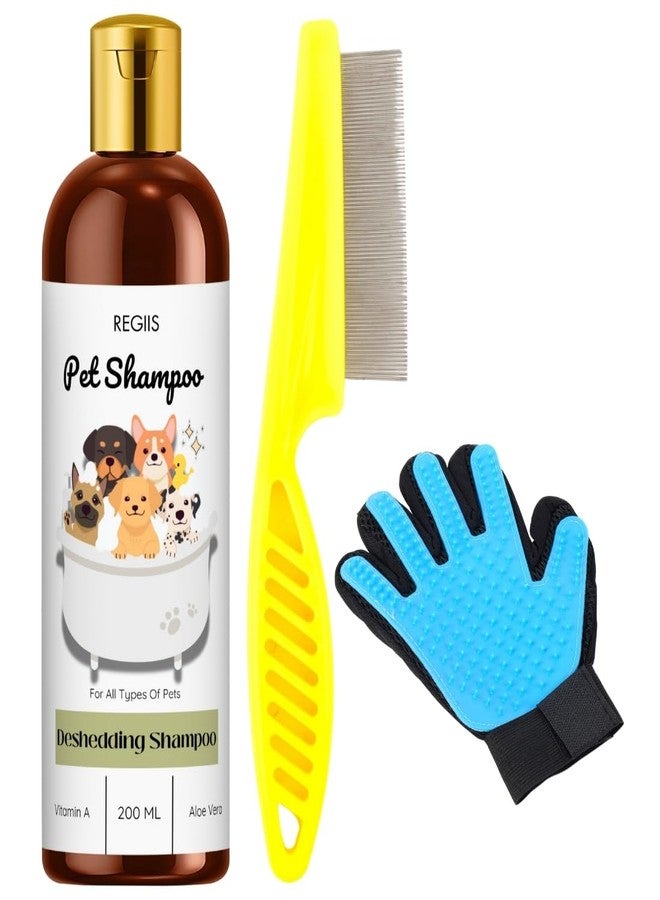 مجموعة شامبو للحيوانات الأليفة، شامبو لإزالة الشعر الزائد للكلاب مع فرشاة وقفاز للتنظيف، 200 مل، تركيبة فيتامين أ والصبار لجميع أنواع الحيوانات الأليفة (عبوة من 3 قطع) - Image 1